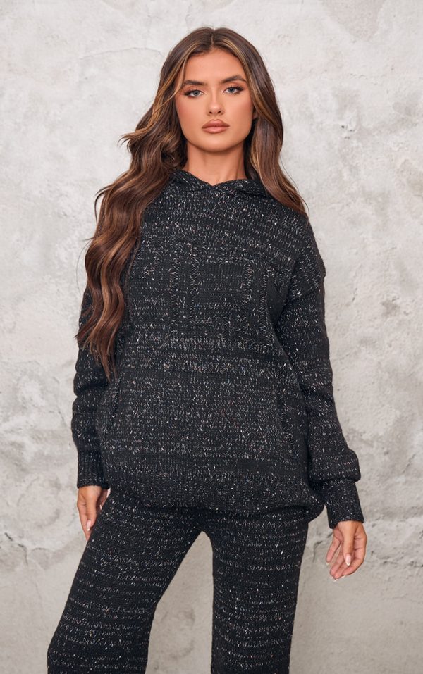PRETTYLITTLETHING Black Space Dye Oversized Knitted Hoodie