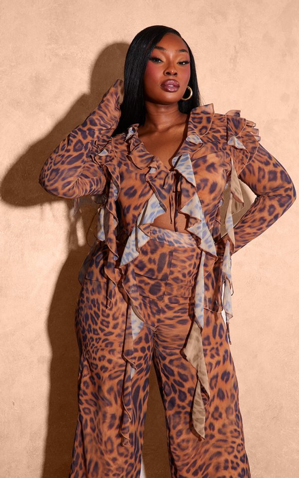 Plus Brown Leopard Print Chiffon Frill Tie Split Sleeve Crop Top