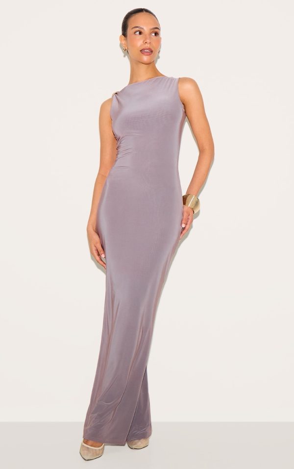 Petite Taupe Asymmetric Shoulder Gold Detail Maxi Dress