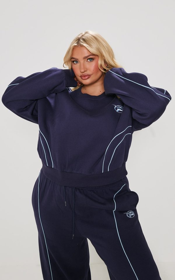 PRETTYLITTLETHING Plus Navy Embroidered Contrast Piping Sweatshirt