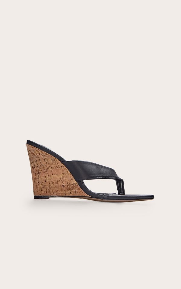 Black Pu Round Toe Thong Heeled Wedges