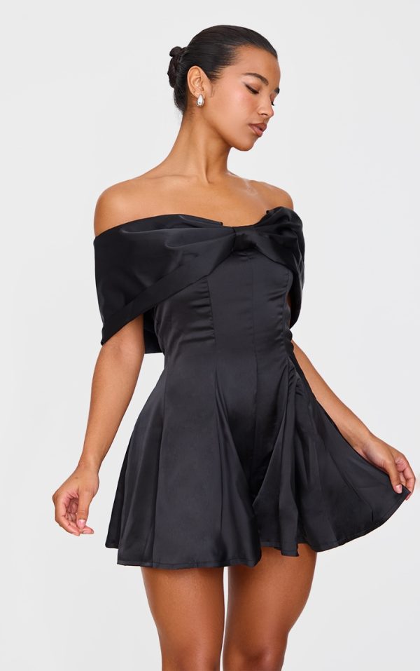 Premium Black Satin Extreme Bow Detail Romper