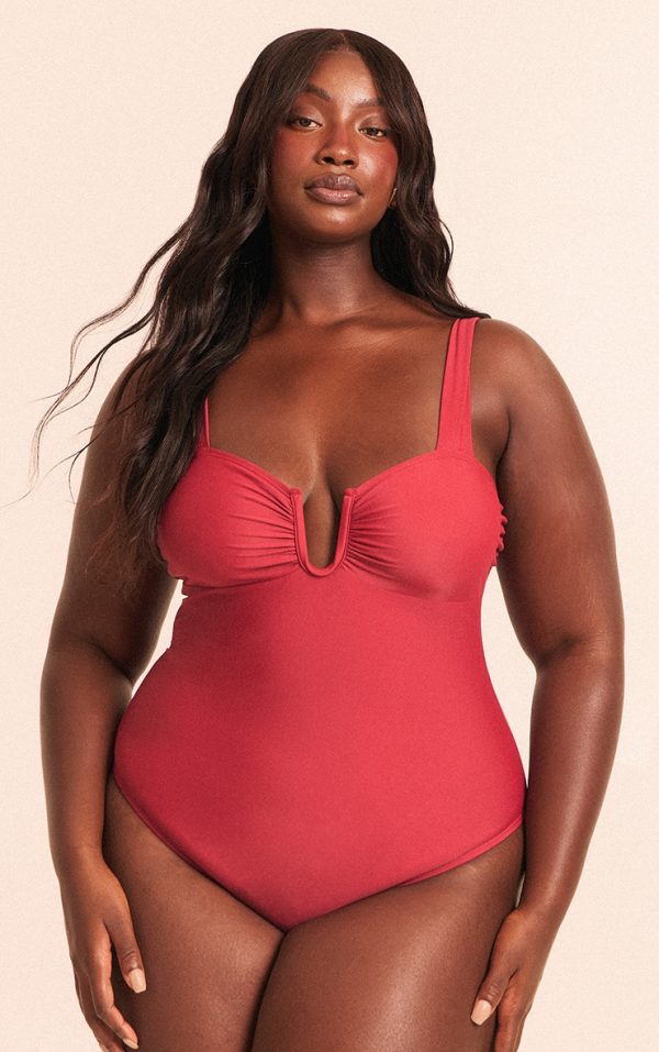 Plus Deep Red Underwired U Bar Ruched Cup Swimsuit