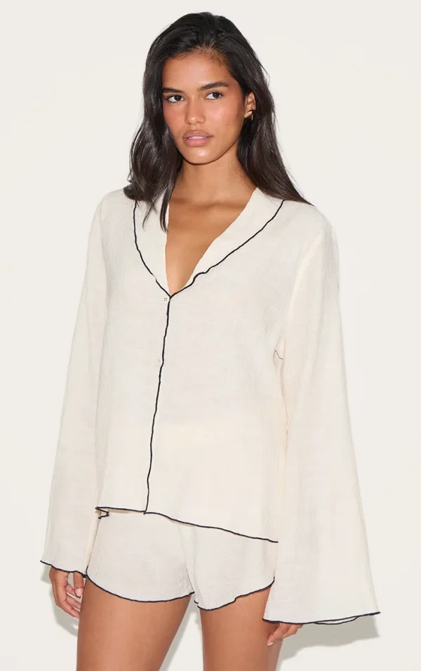 Sand Linen Look Textured Contrast Trim Oversized Shirt