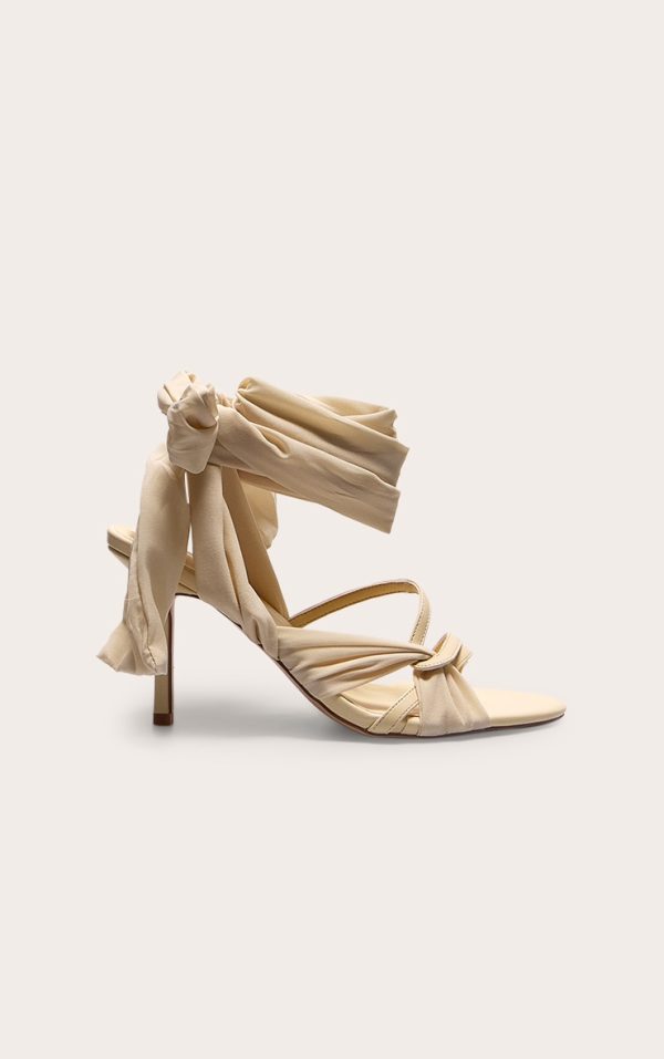 Lemon Satin Round Toe Lace Up Ribbon High Heeled Sandals