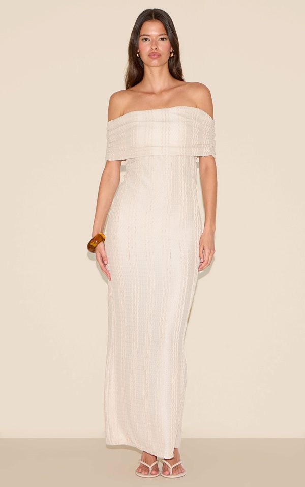 Cream Textured Bardot Maxi Dress
