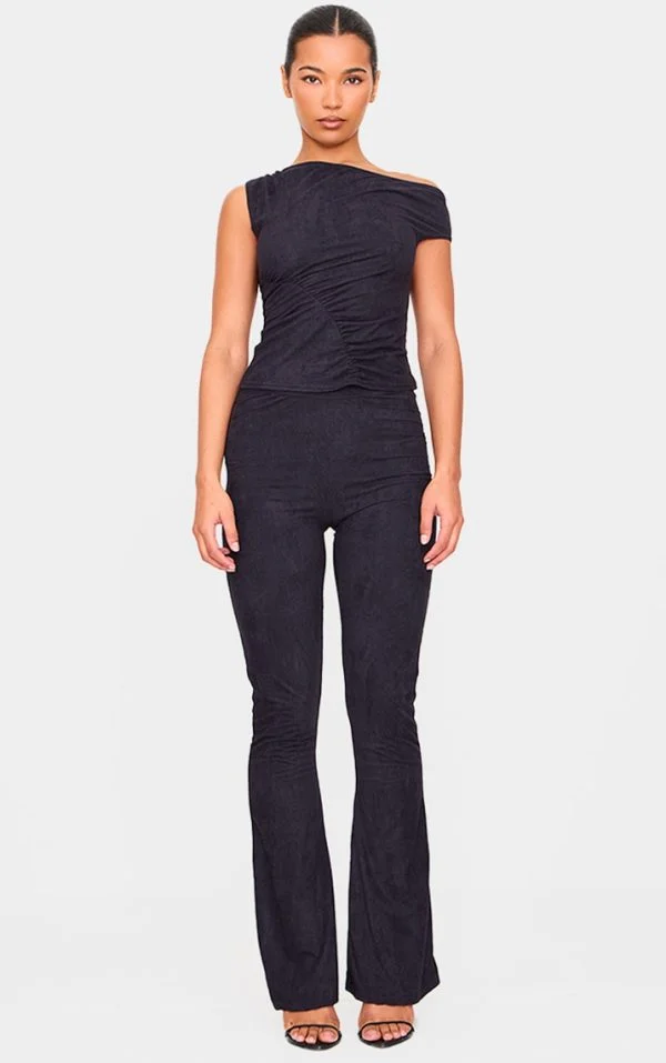 Black Faux Suede Skinny Flared Pants