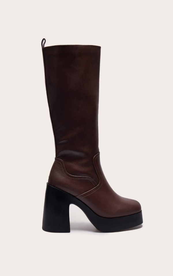 Chocolate PU Wide Fit Square Toe Block Heel Slight Platform Knee High Boots