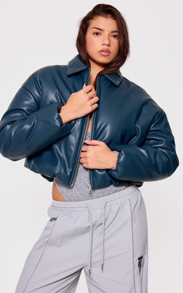 Teal Faux Leather Collar Detail Puffer Jacket