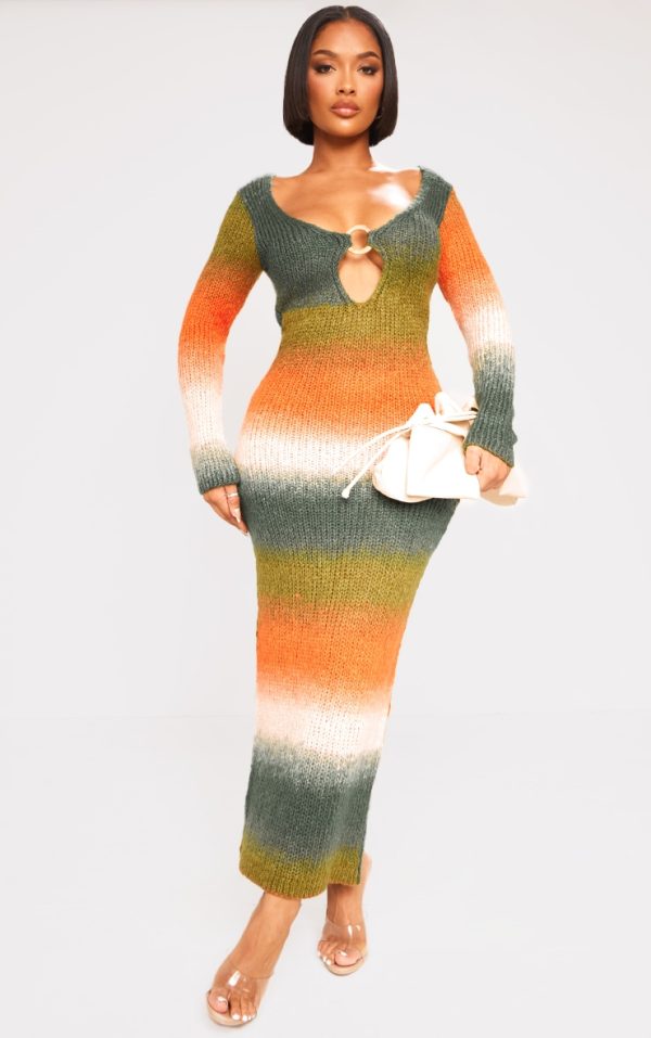 Shape Orange Ombre Knit Plunge Ring Long Sleeve Midaxi Dress