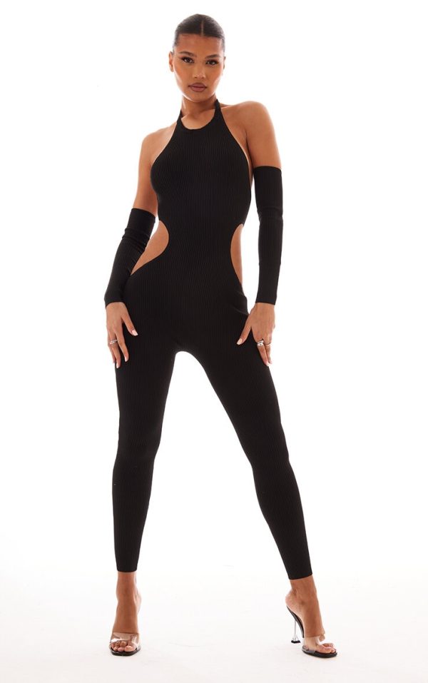 Black Rib Knit Halterneck Cut Out Jumpsuit & Sleeves