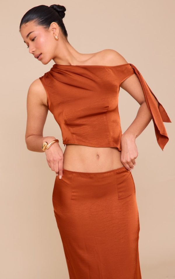 Rust Tie Shoulder Satin Top