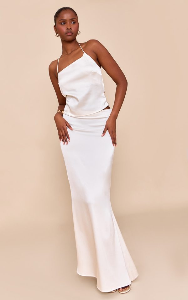 Cream Satin Mid Rise Maxi Skirt