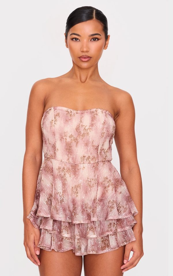 Premium Pink Floral Print Embellished Bandeau Rara Romper