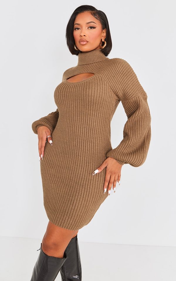 Shape Khaki 2 In 1 High Neck Balloon Sleeve Bodycon Sweater Dress