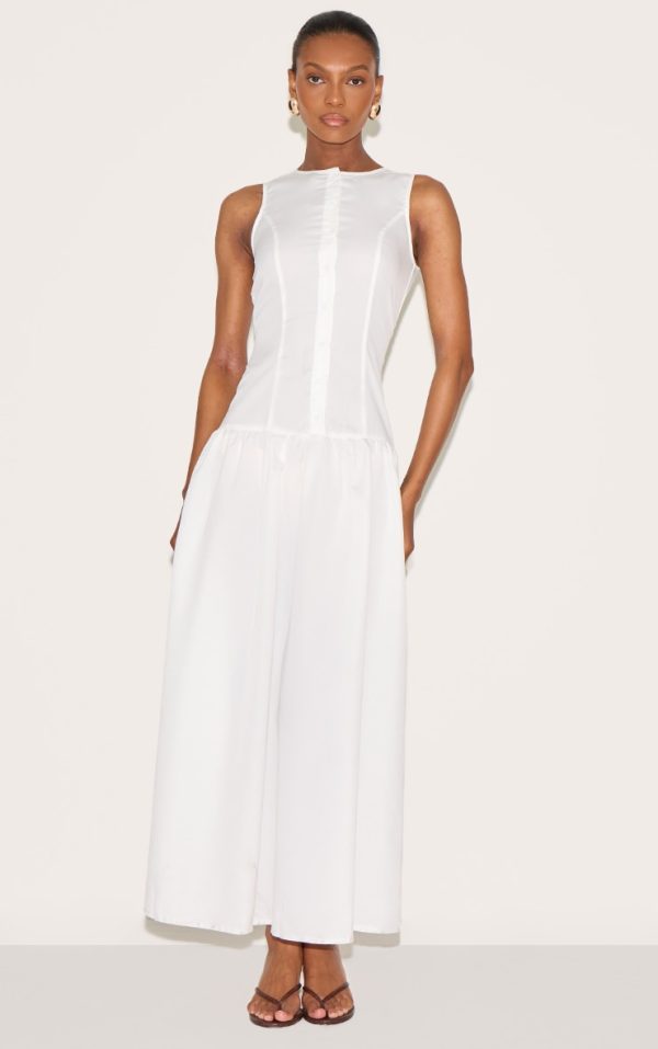 White Button Down Drop Waist Maxi Dress