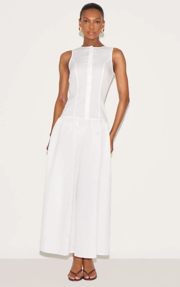 White Button Down Drop Waist Maxi Dress
