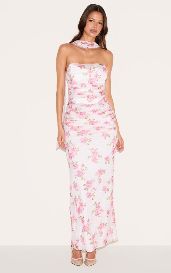 Pink Floral Scarf Detail Ruched Maxi Dress