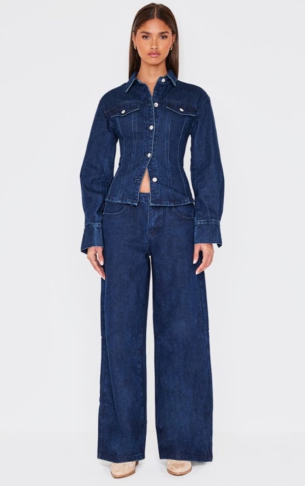 Dark Blue Mid Waist Wide Leg Jeans