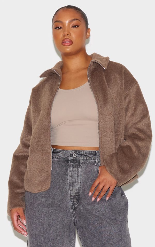 Plus Taupe Wool Look Wide Collar Zip Up Jacket