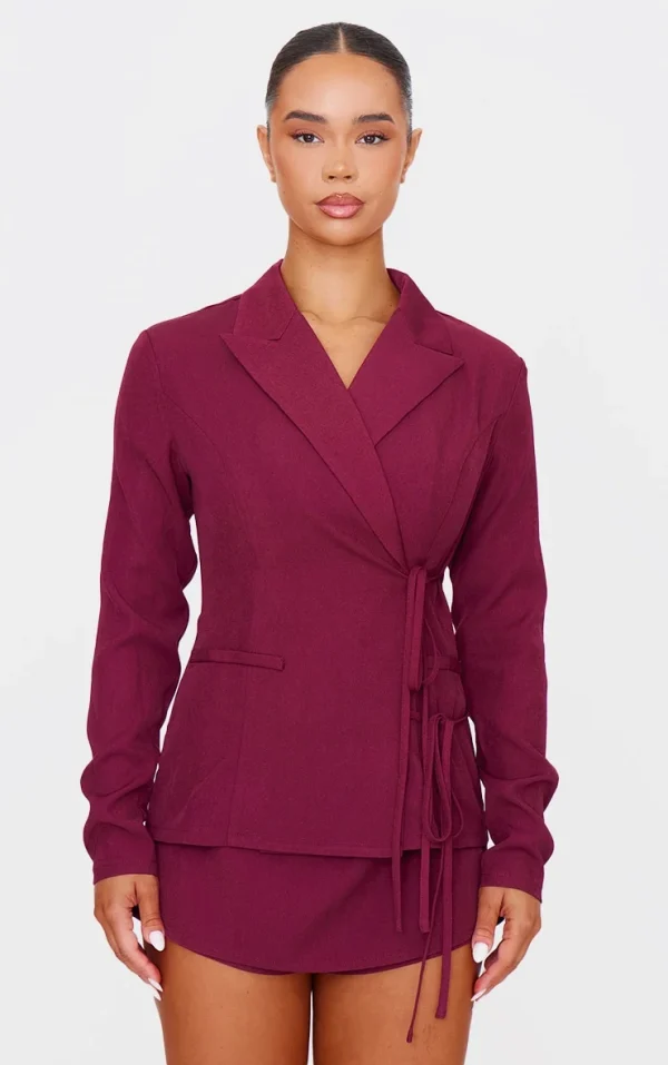 Burgundy Premium Tailored Woven Wrap Front Romper