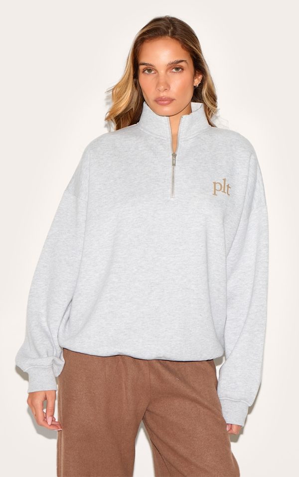 PRETTYLITTLETHING Ash Grey Printed Quarter Zip Sweatshirt