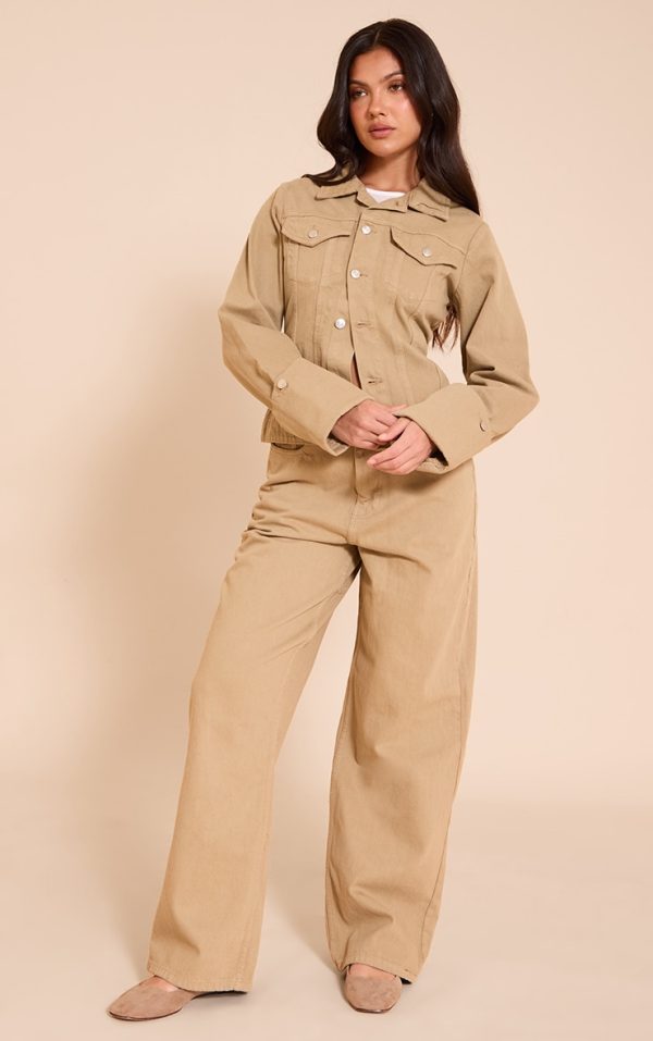 Washed Khaki Mid Rise Wide Leg Jeans
