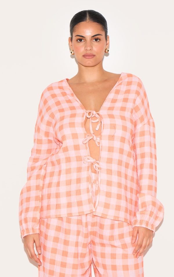Plus Orange Checked Cheesecloth Tie Front Long Sleeve Shirt