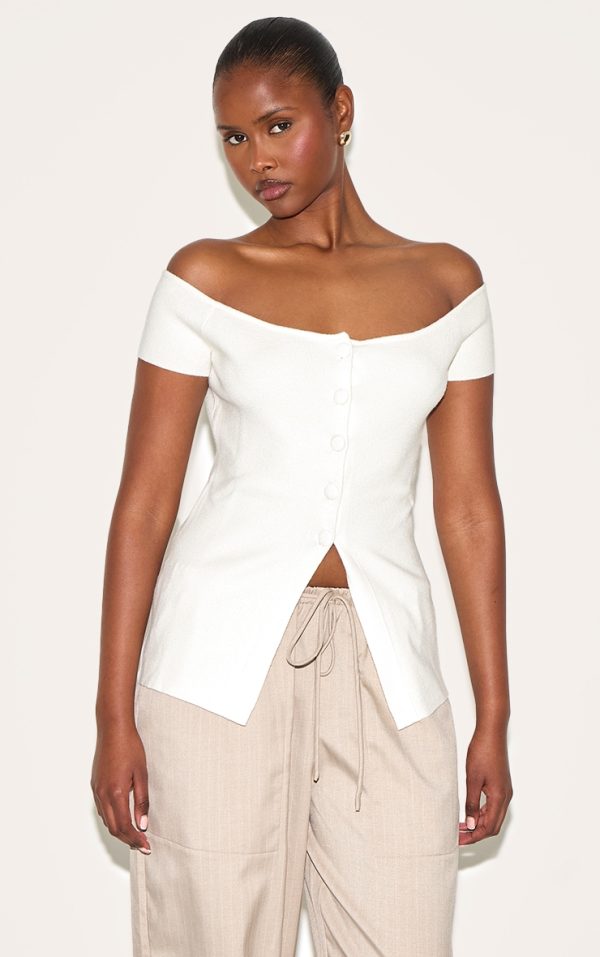 Ecru Rib Knit Button Up Bardot Split Hem Top