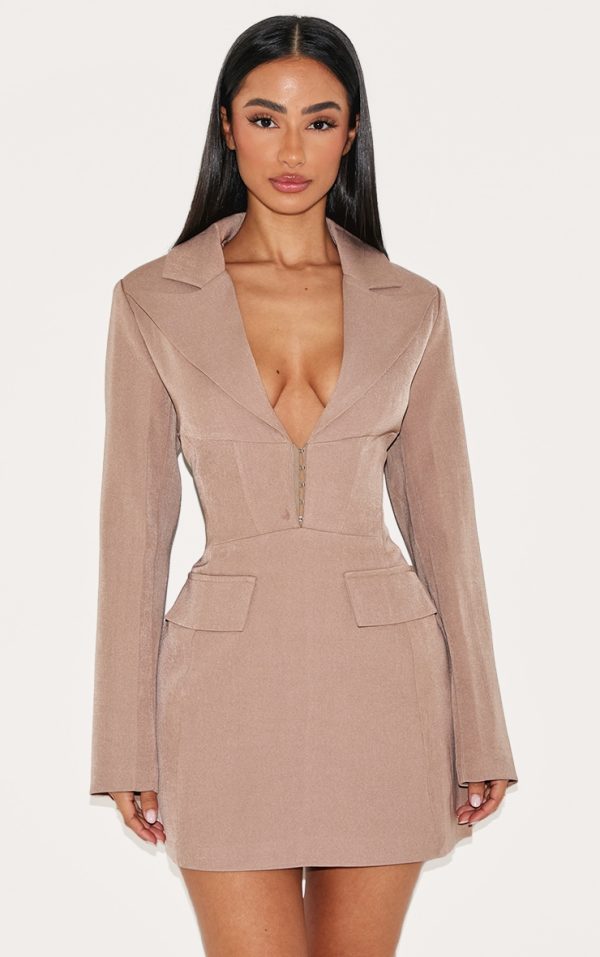 Petite Taupe Hook And Eye Fitted Blazer Dress