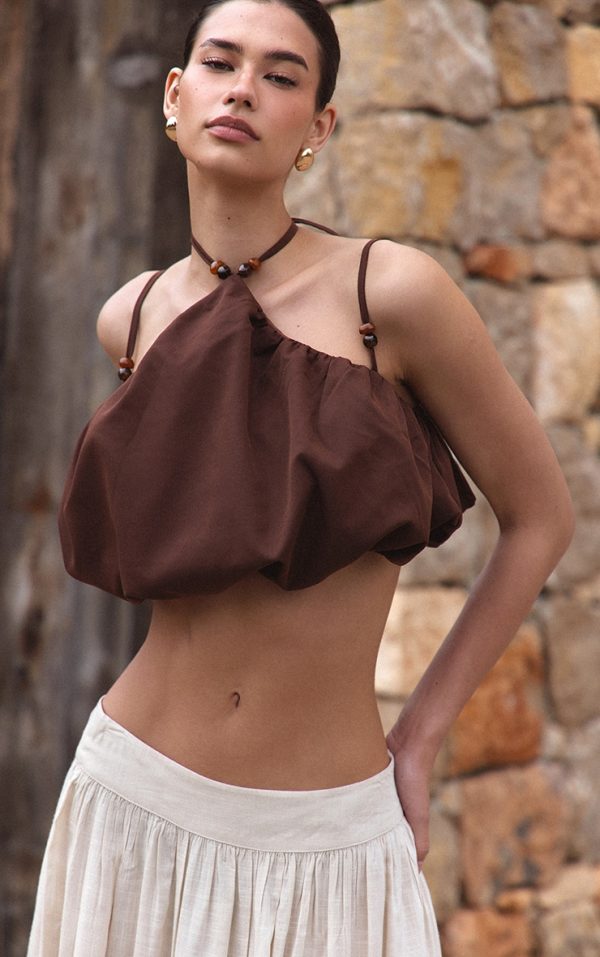 Dark Chocolate Bead Detail Strappy Halterneck Puffball Crop Top