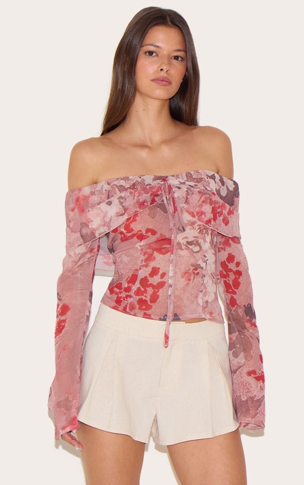 Dusty Pink Printed Bardot Chiffon Blouse
