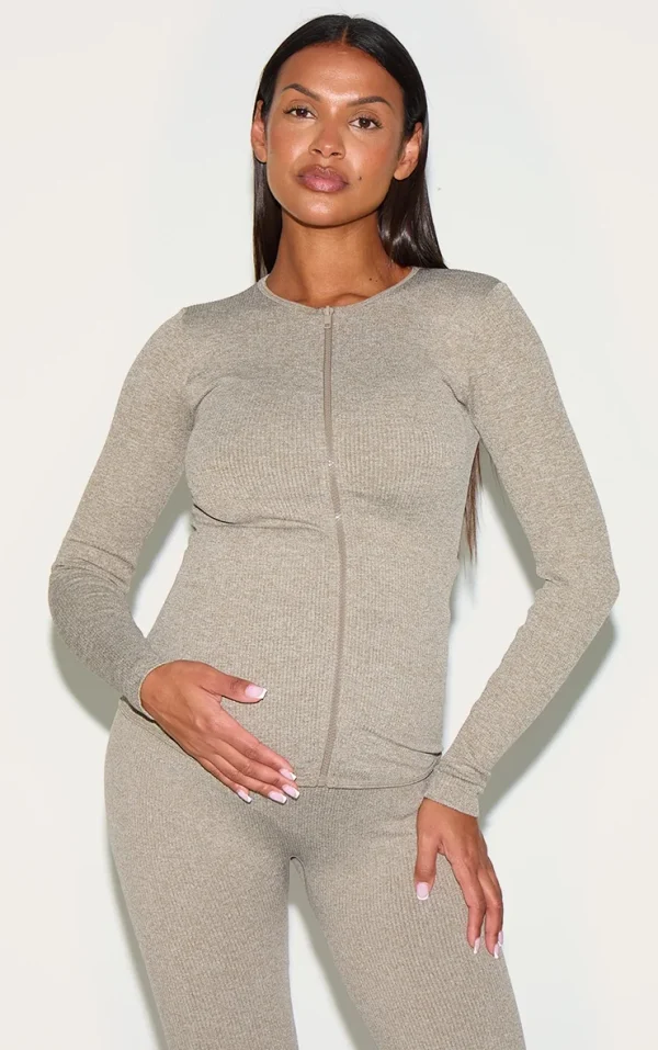 Maternity Olive Ribbed Zip Up Cardigan