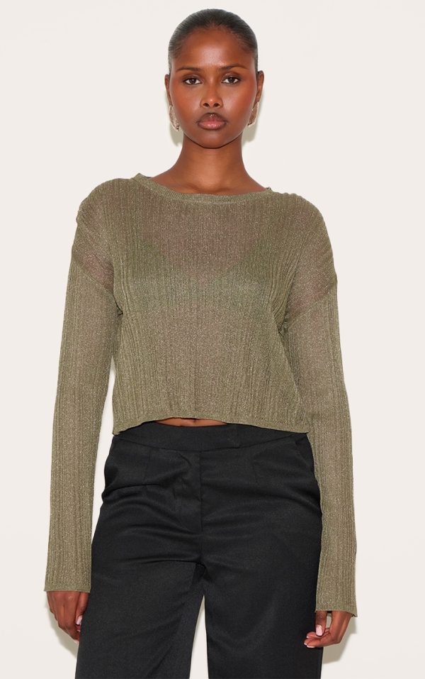 Dark Khaki Sheer Knit Oversized Top