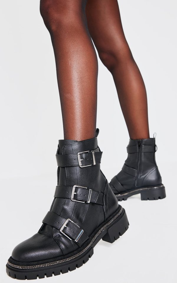 Black Pu Round Toe Buckle Diamante Trim Chunky Ankle Boots