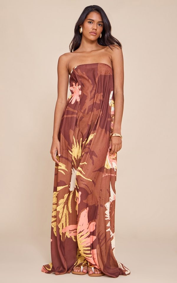 Brown Printed Oversized Bandeau Shift Maxi Dress