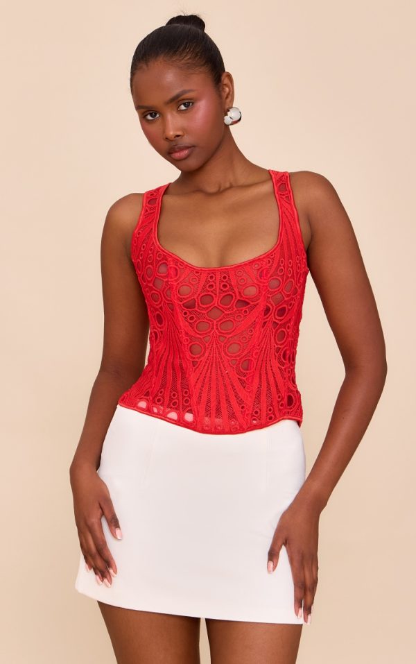 Tomato Red Textured Sheer Floral Square Neck Corset