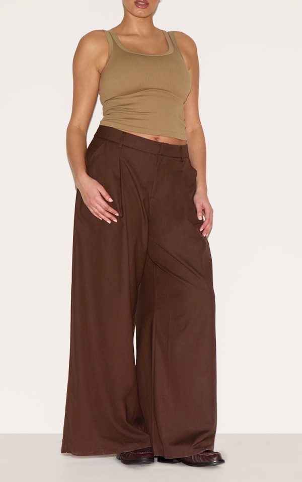 Plus Chocolate Woven Double Pleat Wide Leg Pant
