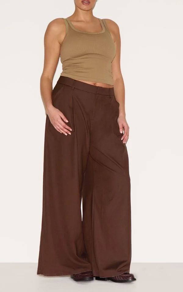 Plus Chocolate Woven Double Pleat Wide Leg Pant