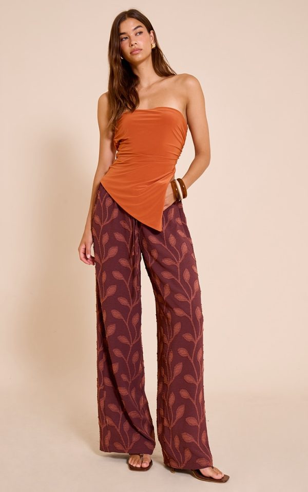 Chocolate Textured Woven Drawstring Waist Straight Leg Pants