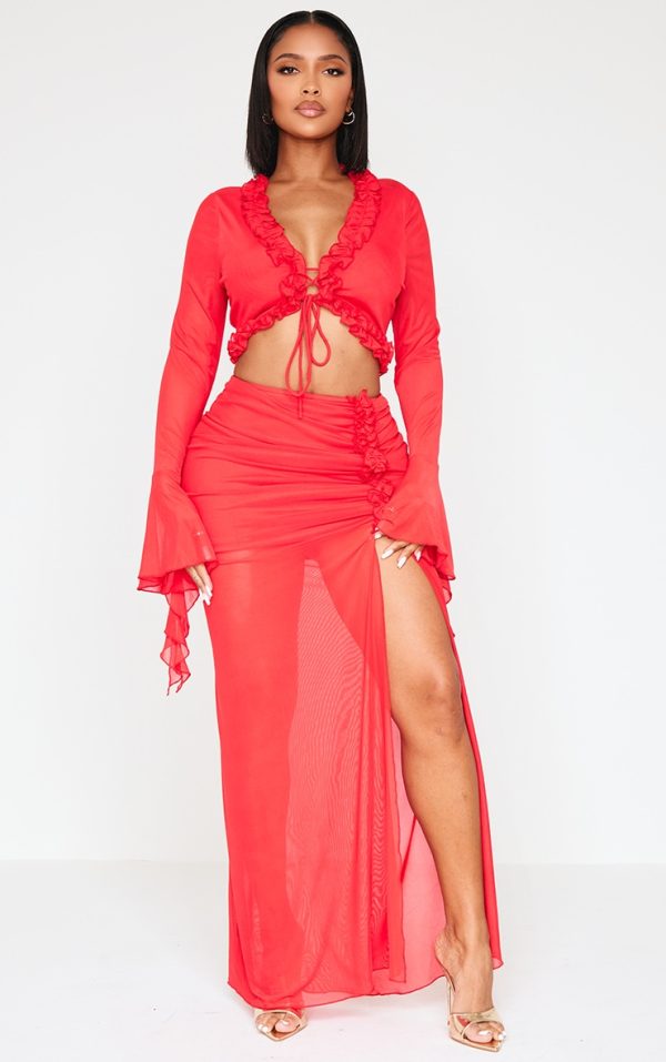 Shape Red Low Rise Frill Detail Side Split Maxi Skirt