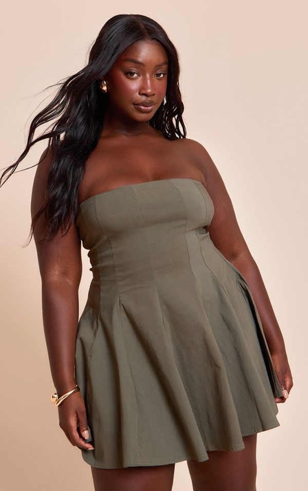 Plus Khaki Stretch Woven Bandeau Pleated Shift Dress