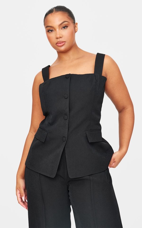 Plus Premium Black Button Detail Corset Vest