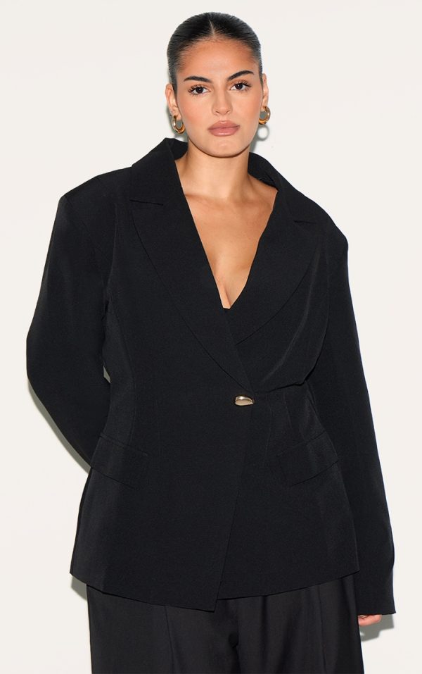 Plus Black Cinched Waist Lapel Point Detail Blazer