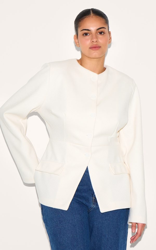 Plus Cream Button Up Longline Collarless Blazer