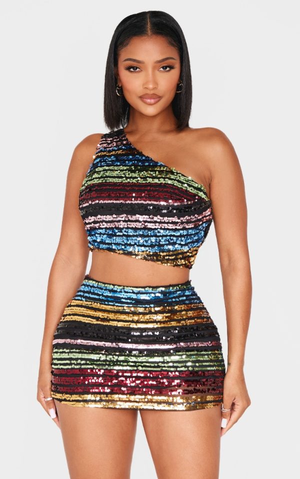 Shape Multi Stripe Sequin One Shoulder Crop Top
