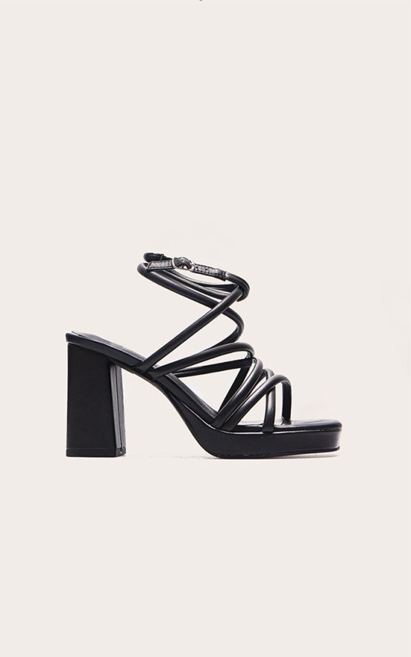 Black PU Square Toe Tube Strap Platform Block Heeled Sandals