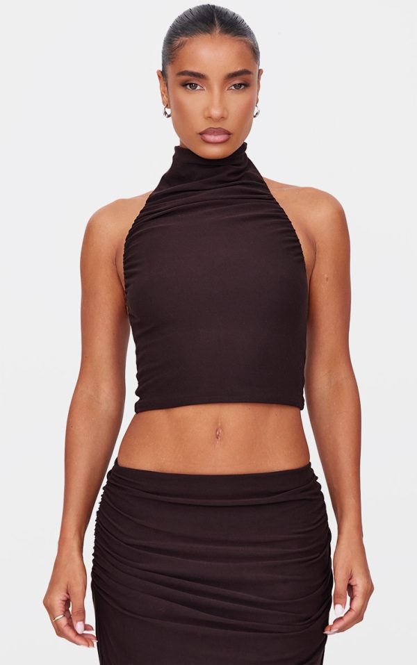Chocolate Soft Touch Ruched Halter Crop Top