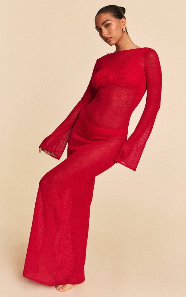 Red Filigree Knit Backless Maxi Beach Dress