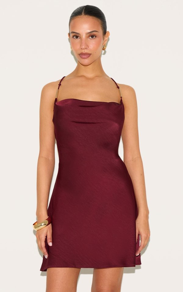 Petite Burgundy Cowl Satin Shift Mini Dress With Trim Details
